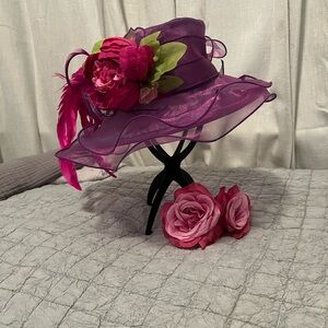Elegant Purple Hat with Pink Floral Accents